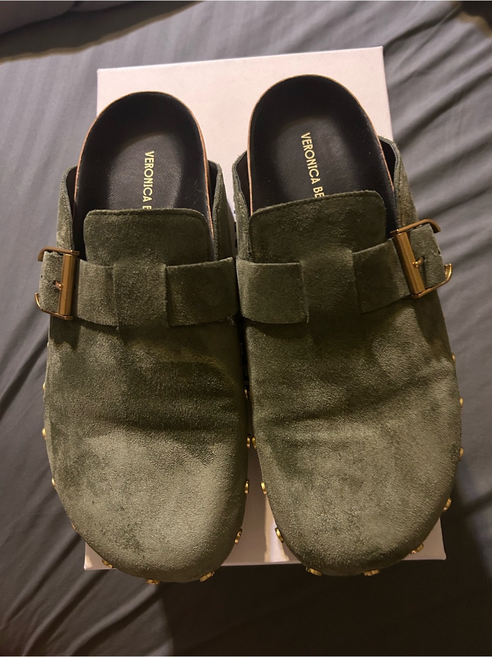 Veronica Beard Olive Green Suede Mule Clogs with Gold Buckles